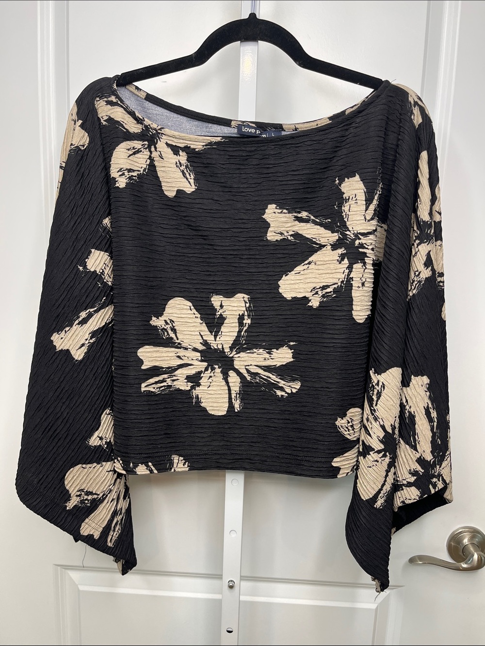 Love Poem Black Blouse with Beige Floral Print OSFM NWT